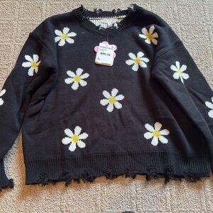 Nordstrom Black Sweater with Daisy Pattern - Girls large